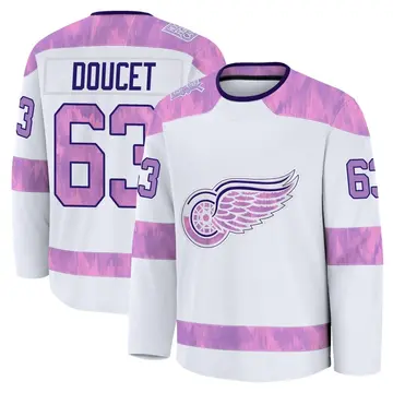 Men's Alexandre Doucet Detroit Red Wings ＃63 Premium White 2024 Hockey Fights Cancer Practice Jersey