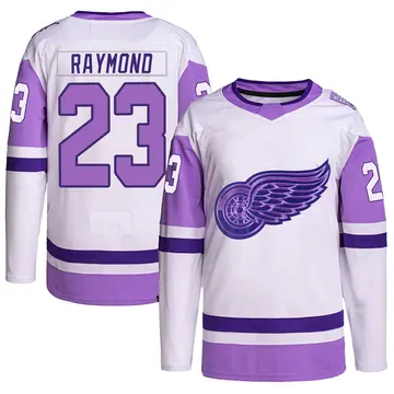 Men's Lucas Raymond Detroit Red Wings ＃23 Authentic White/Purple Hockey Fights Cancer Primegreen Jersey