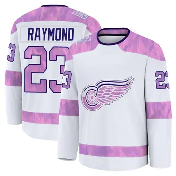 Men's Lucas Raymond Detroit Red Wings ＃23 Premium White 2024 Hockey Fights Cancer Practice Jersey