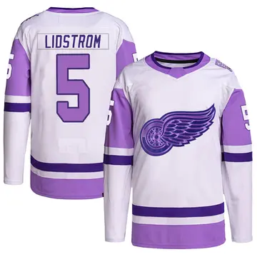 Men's Nicklas Lidstrom Detroit Red Wings ＃5 Authentic White/Purple Hockey Fights Cancer Primegreen Jersey